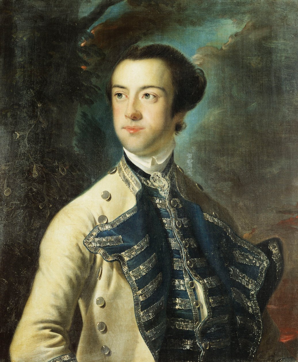 Portræt af Thomas Hanway, halvlængde, i en beige frakke med blå og sølv beklædning, og en blå og sølv vest, der holder en hat under armen, i et landskab, af Joseph Wright of Derby