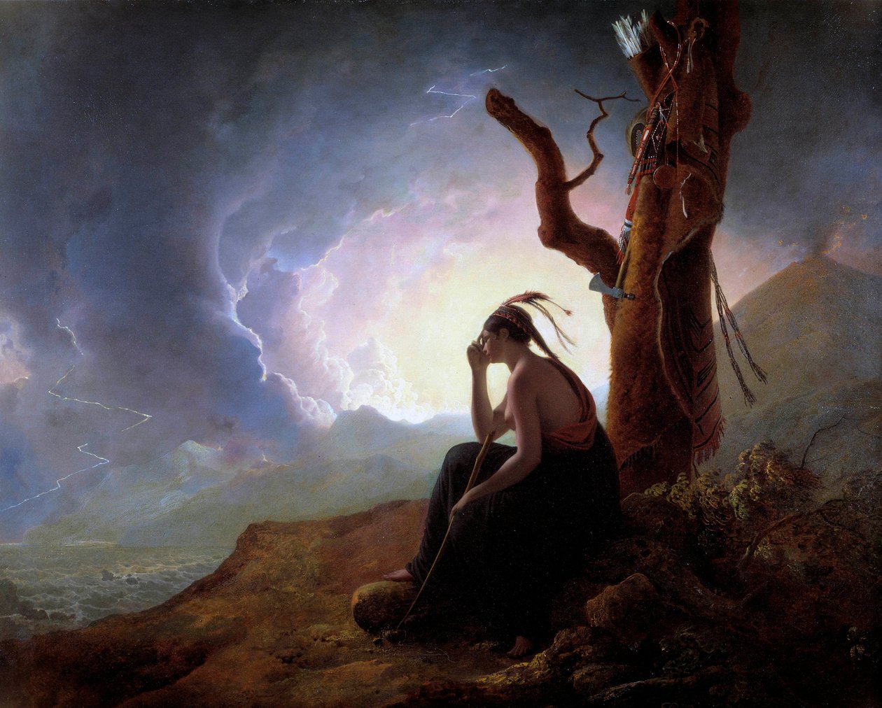 Enken efter en indianerhøvding, der våger over sin mands våben. Maleri af Joseph Wright fra Derby (1734-1797) 1785 Derby, Derby museum af Joseph Wright of Derby