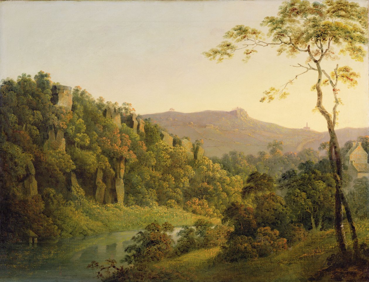 Udsigt i Matlock Dale, Looking Towards Black Rock Escarpment, ca. 1780-5 (olie på lærred) af Joseph Wright of Derby