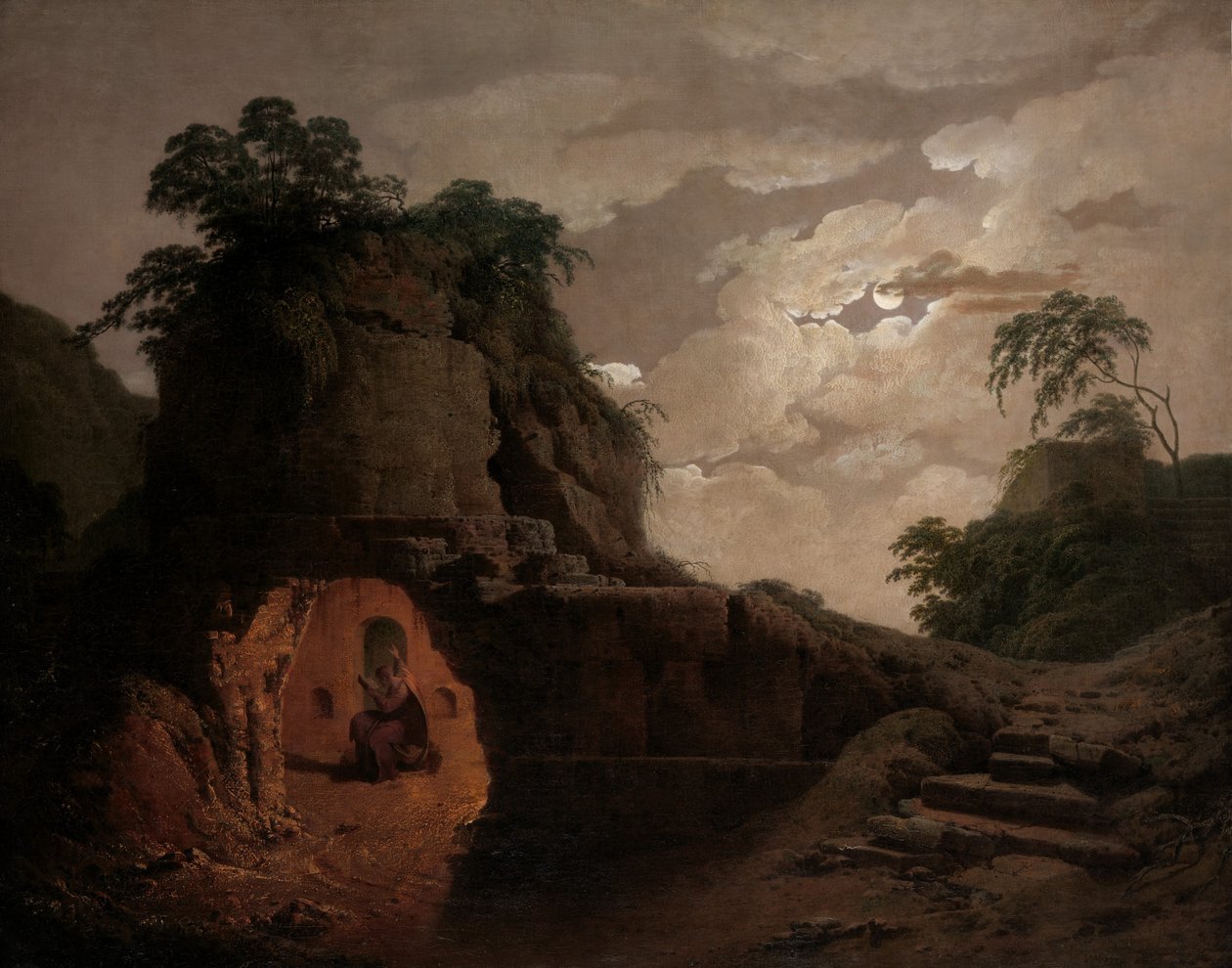 Virgils grav ved Moonlight, med Silius Italicus Declaiming, 1779. af Joseph Wright of Derby