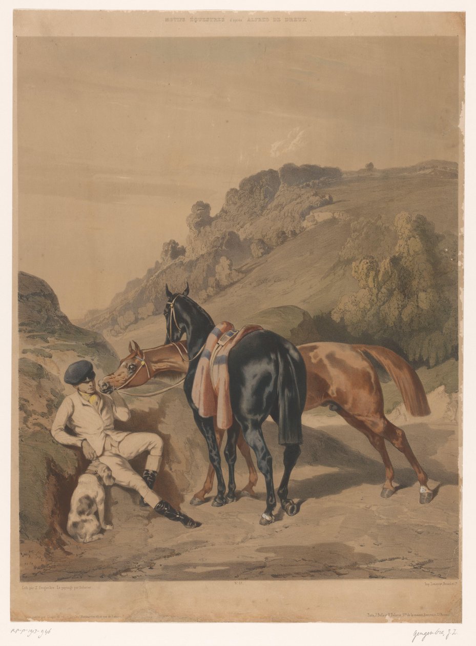 To heste med hvilende rytter i et landskab Heste efter Alfred de Dreux (serietitel) Motiver équestres d