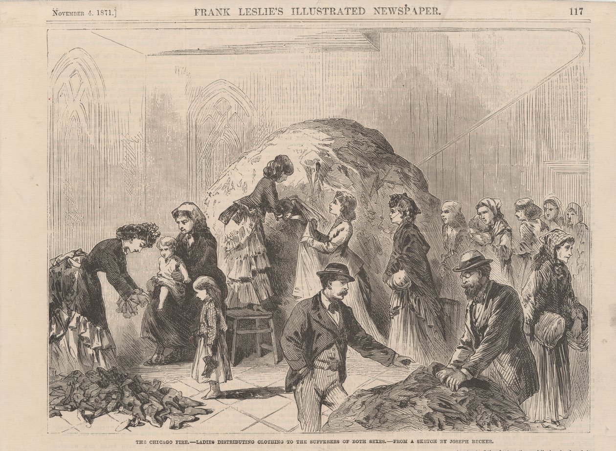 The Chicago Fire: damer, der distribuerer tøj til lidende af begge køn, illustration fra Frank Leslies Illustrated Newspaper, 1871 af Joseph after Becker