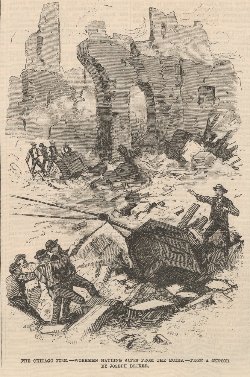 Workmen Hauling Safes from the Ruins, illustration fra Frank Leslies Illustrated Newspaper, 1871 af Joseph after Becker