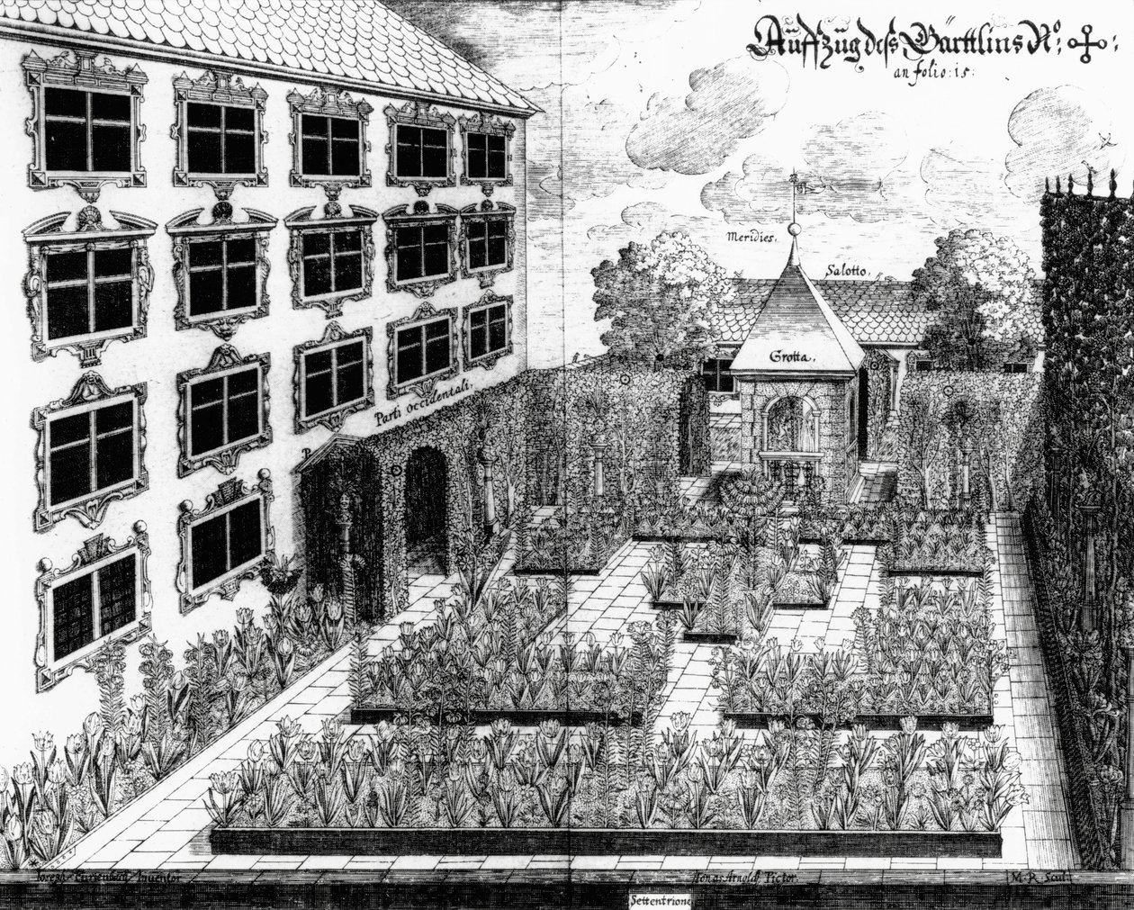Design til Furttenbachs have i Ulm, fra Architectura Privata, graveret af Jonas Arnold (1600-69), udgivet 1641 af Joseph after Furttenbach