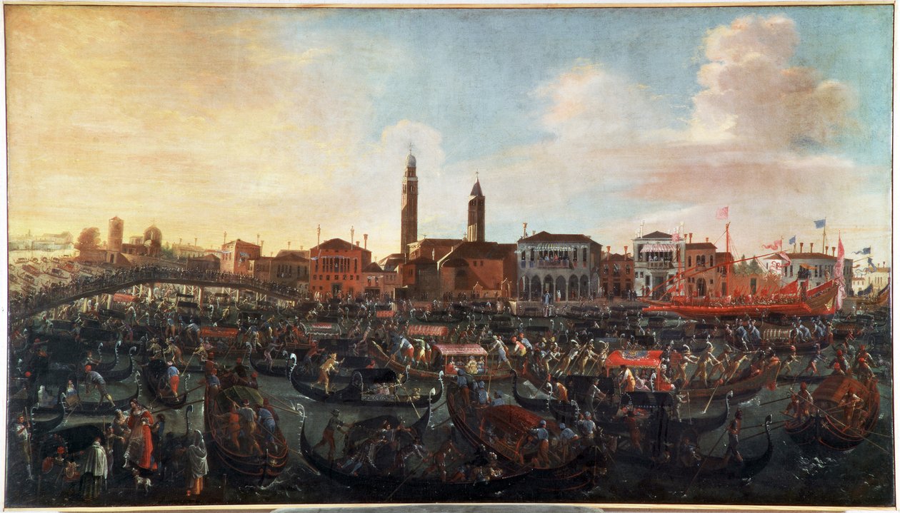 Freskens fest"" på himmelfartsdagen i Murano, Venedig"" San Cipriano-klosteret til højre og kirken Santo Stefano i midten, forsvandt i dag (festen for "" Fresco" på Kristi Himmelfartsdagen i Murano-øen, Venedig) Maleri af Jo af Joseph the younger Heintz