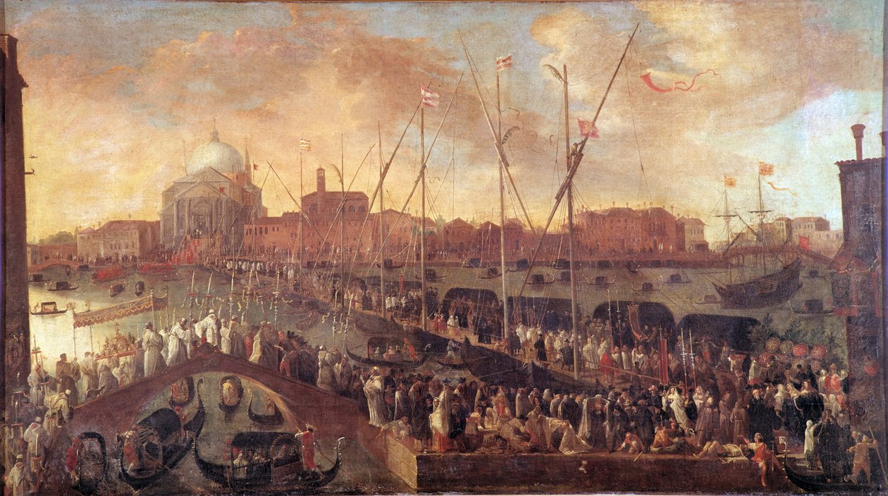 Procession på dagen for Forløserfesten Der bygges en midlertidig bro til Venedigs Forløserkirke for at mindes ofrene for den store pest i 1575-1576 - Maleri af Joseph Heintz den Unge (1600-1678) 1600-tallet - Musei Civici af Joseph the younger Heintz