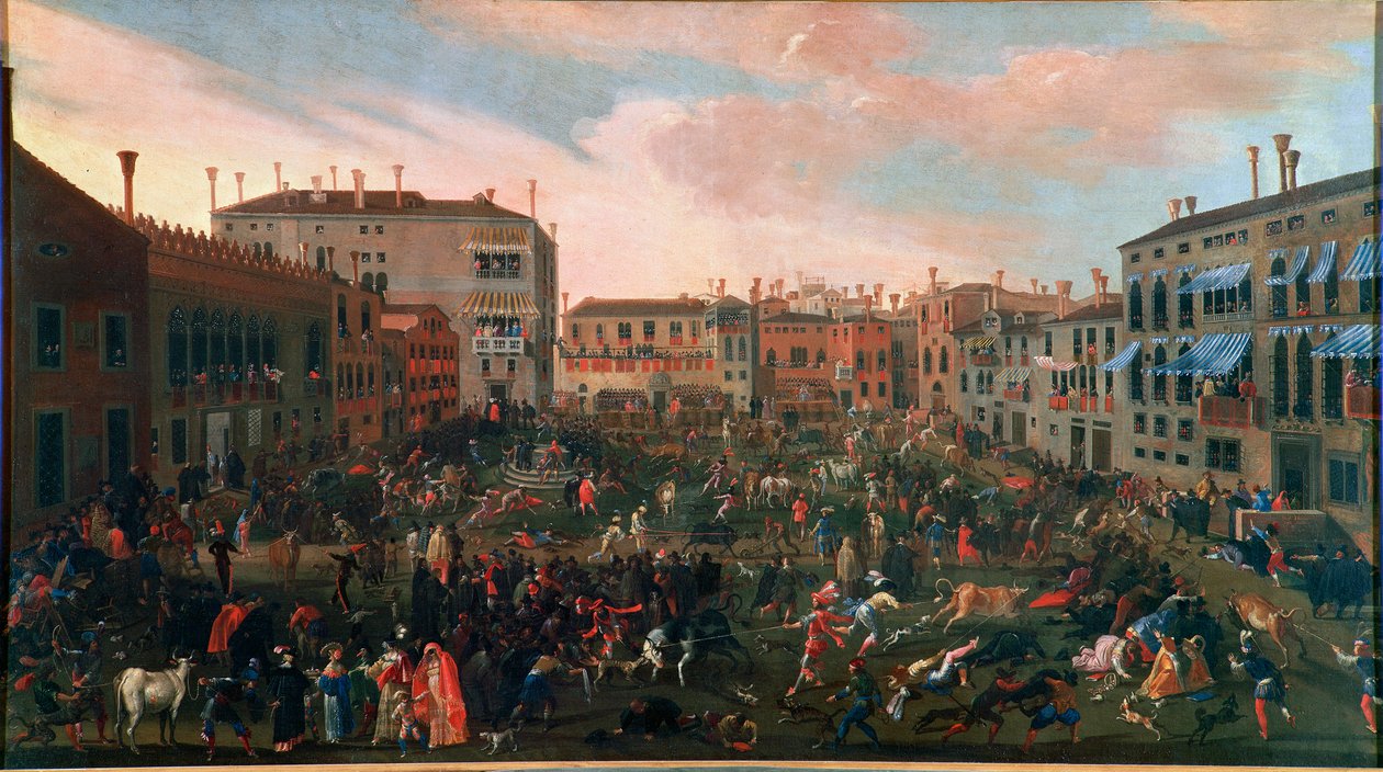 Jagten på tyre ved Campo San Polo i Venedig i 1648. Den traditionelle jagt på Tyren fandt sted på den lille plads (campi) i Venitian med særligt vilde hunde. Maleri af Joseph Heintz Je Jeune (1600-1678). Venezia, Museo Correr af Joseph the younger Heintz