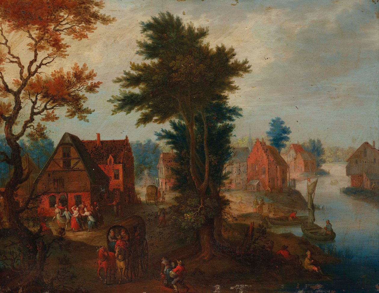 Et flodlandskab med både og vogne ved en landsby af Joseph van Bredael