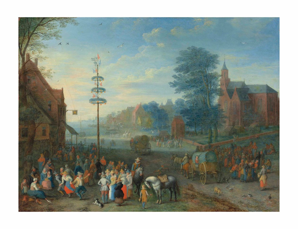En landsbykermesse med figurer, der danser omkring en majstang (olie på kobber) af Joseph van Bredael