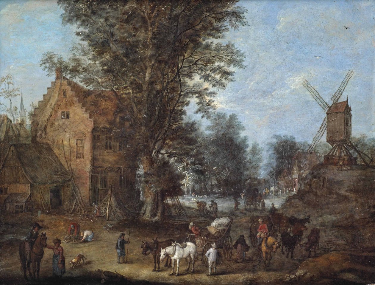 En landsbyscene med rejsende og vognmænd og mange andre figurer i gang med deres daglige aktiviteter af Joseph van Bredael