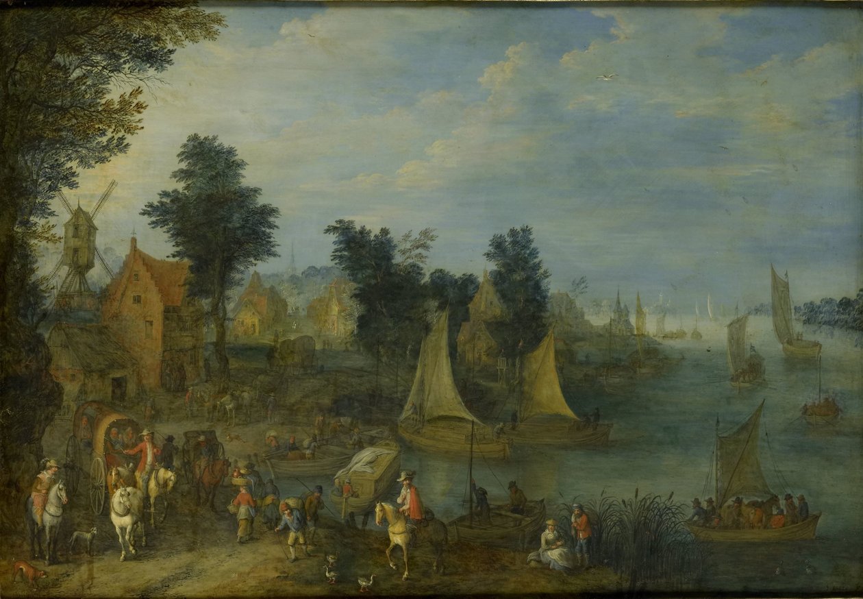Landsby ved bredden af en flod af Joseph van Bredael