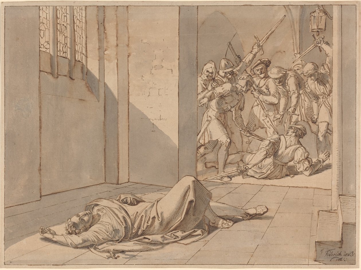 Mordet på kong Wenzel III (pen og sort blæk med grå og lysebrun lavering) af Joseph von Fuhrich