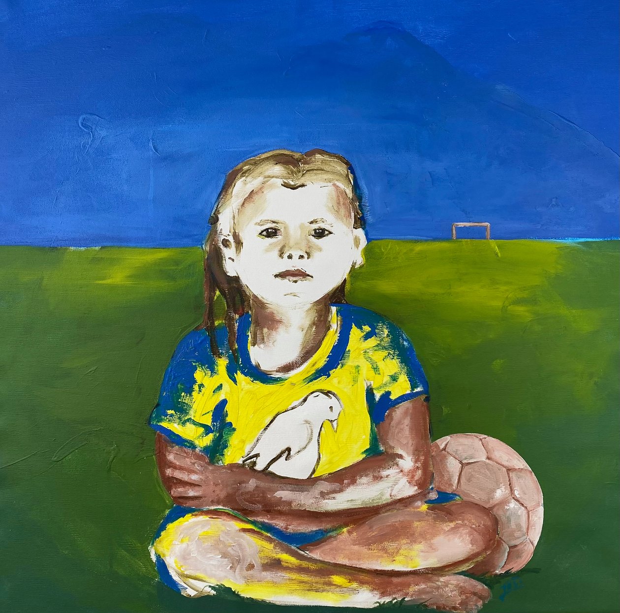 Mädchen mit Taube (Pige med due), 2022 (akrylmaling på lærred) af Josephine Henning
