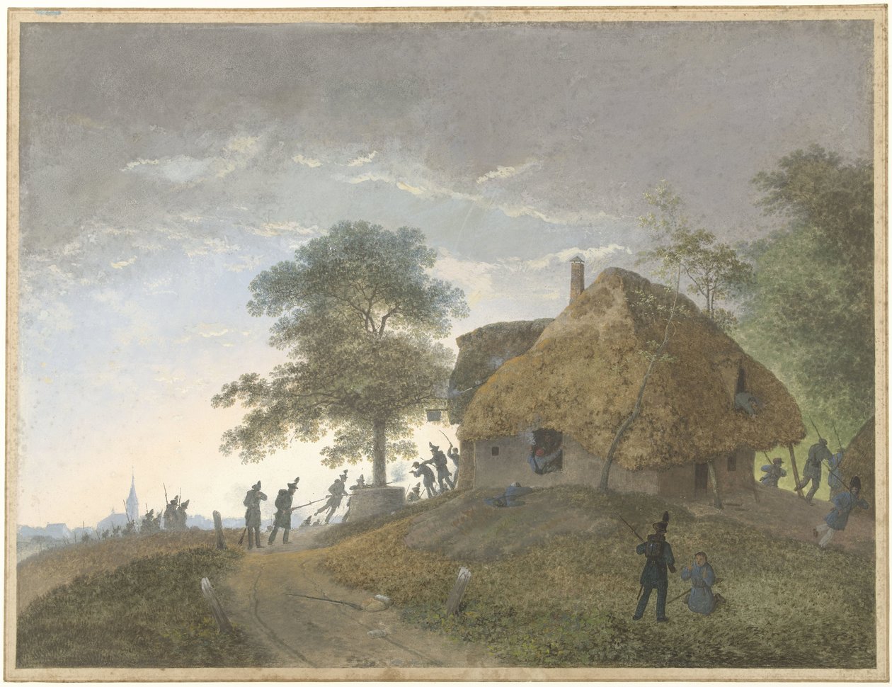 Slag på en stråtækt kro eller hus på en bakke af Josephus Augustus Knip