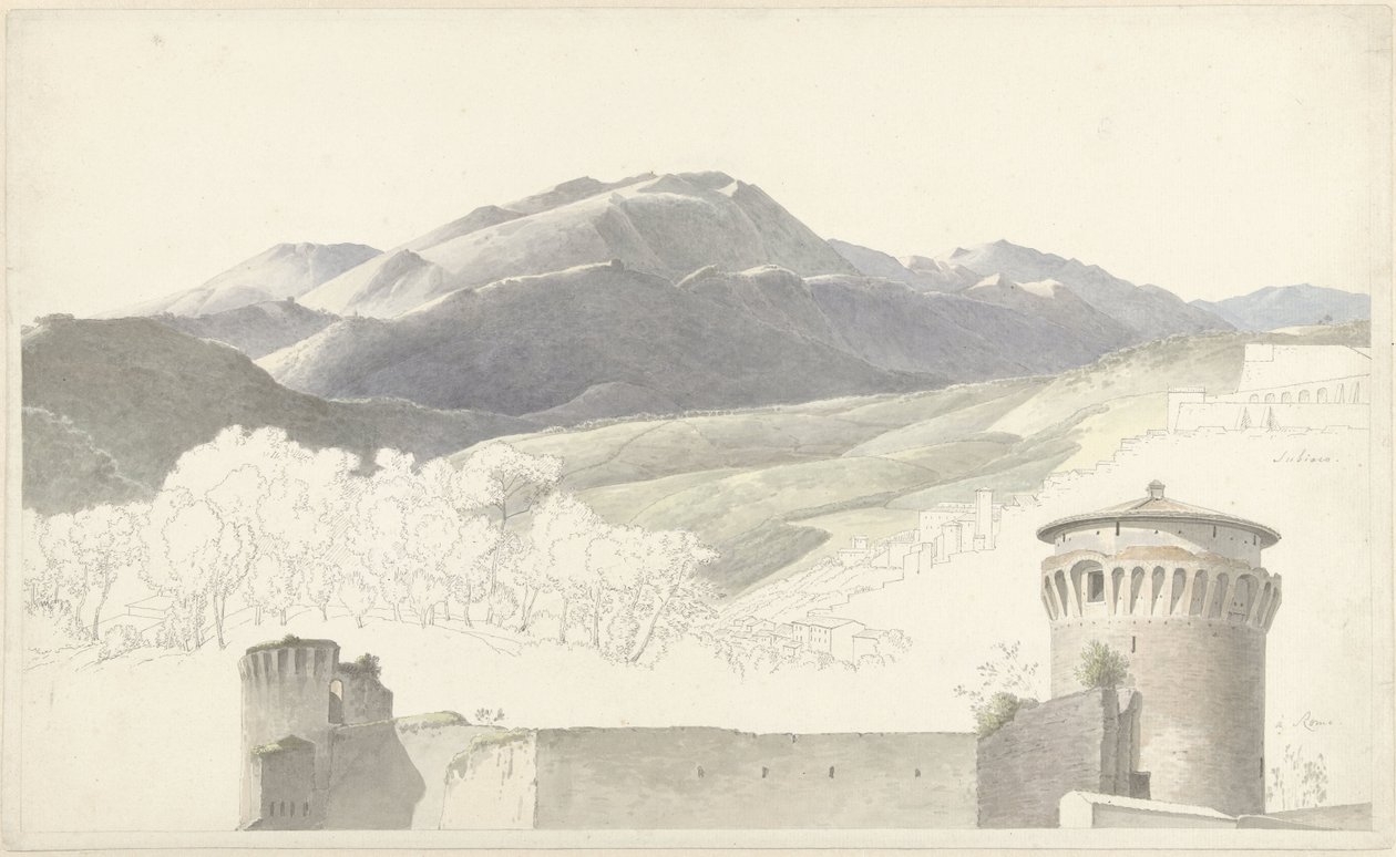 Landskab ved Subiaco og bygning i Rom af Josephus Augustus Knip