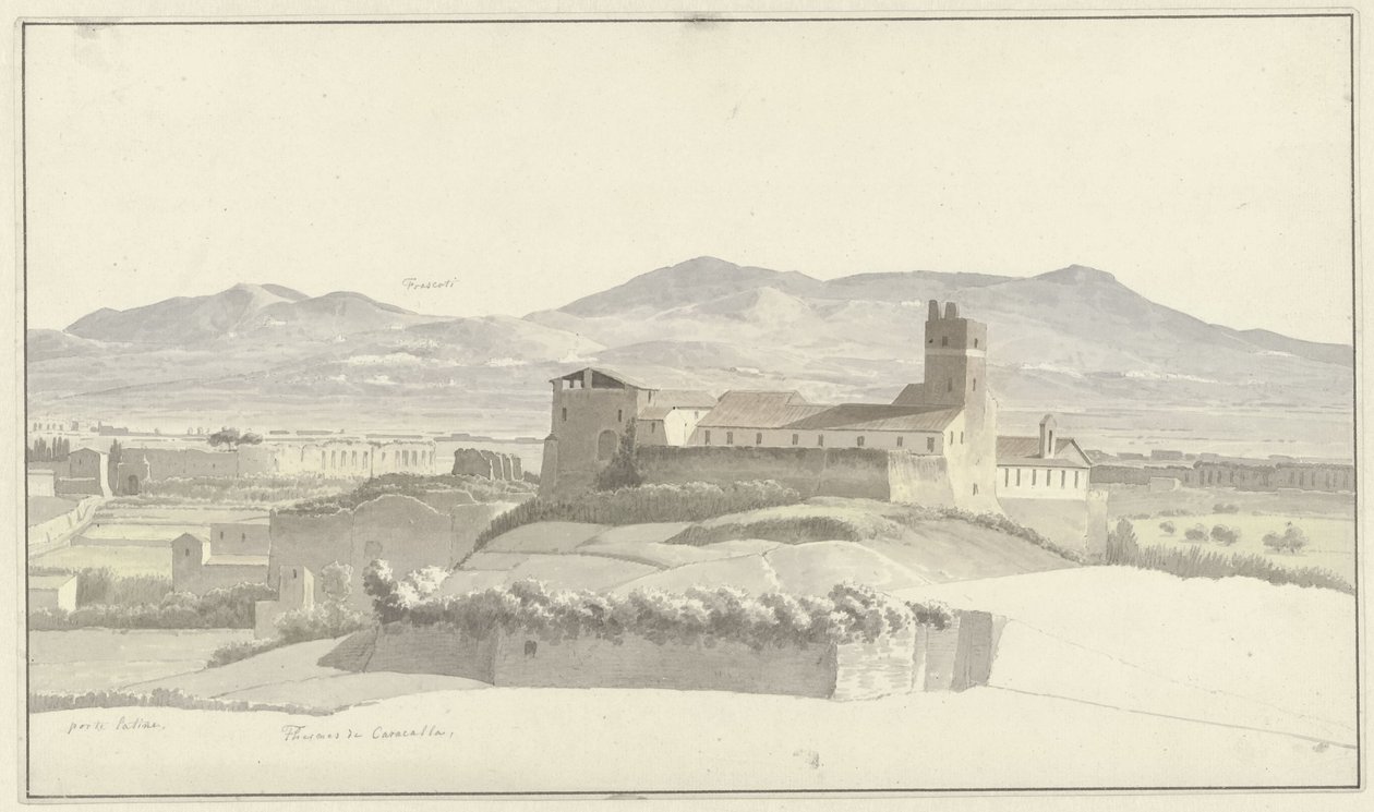 Caracalla-badene i Rom, med Frascati i det fjerne De Thermen van Caracalla, Rom, mødte de Porta Latina en in de verte Frascati af Josephus Augustus Knip