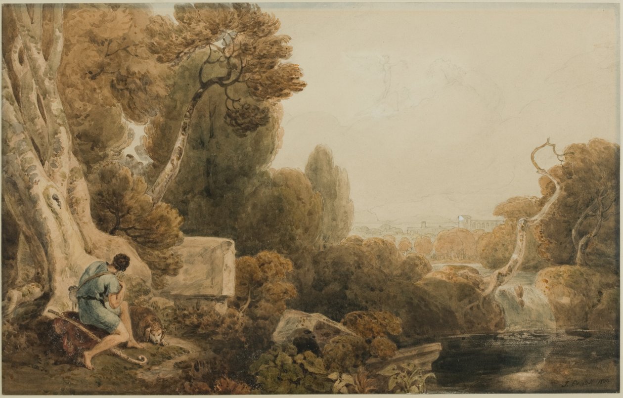 Klassisk landskab af daggry med pastorale figurer og Aurora i hendes vogn, 1804 (blyant og wc på papir) af Joshua Cristall