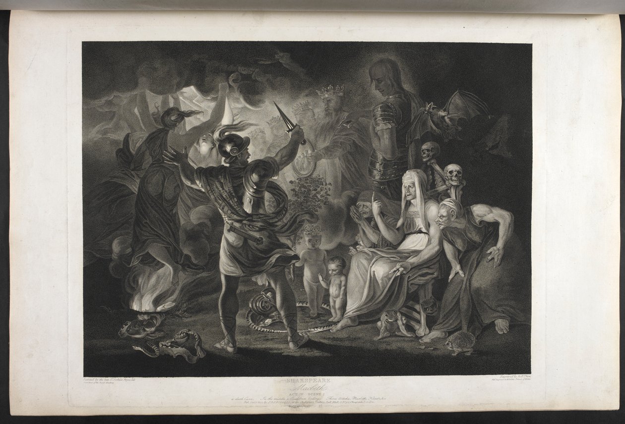 Macbeth.
Fjerde akt. Scene I.
En mørk hule. I midten en gryde, der koger. Tre hekse. Macbeth. Hekate.
Macbeth står over for heksene og skikkelserne; ved hans fødder, inde i en oprullet slange, står et lille blodigt barn og et barn, der bærer en krone og af Joshua (after) Reynolds
