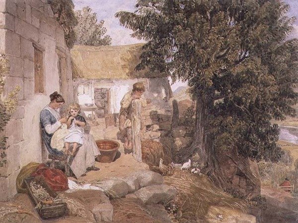 Hytter nær Symonds Yat med landlige figurer af Joshua Cristall