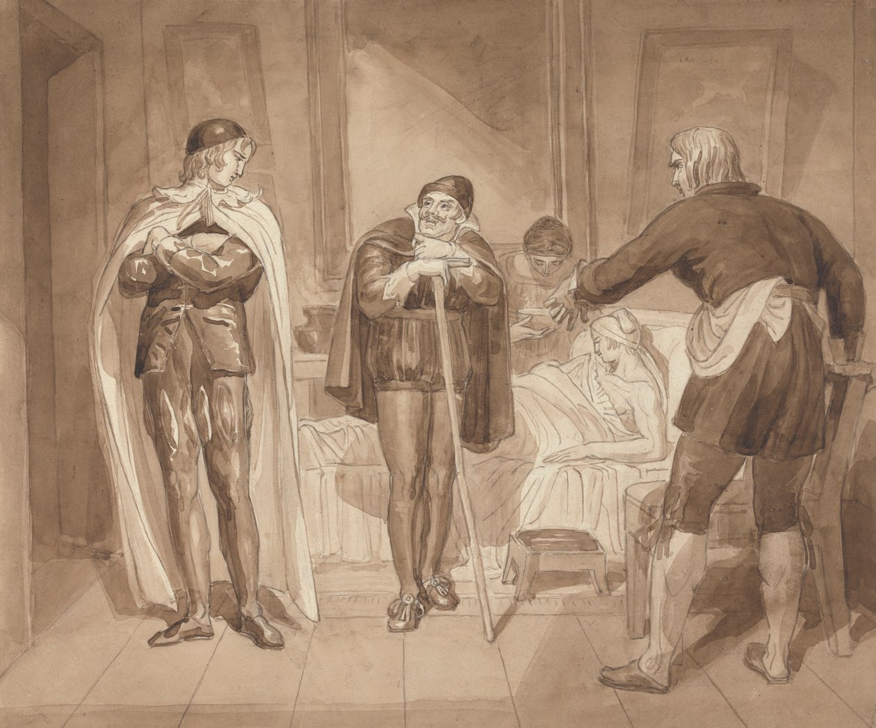 Gil Blas, mens han praktiserer medicin under Dr. Sangrado, møder Dr. Cuchillo ved købmandens seng af Joshua Cristall