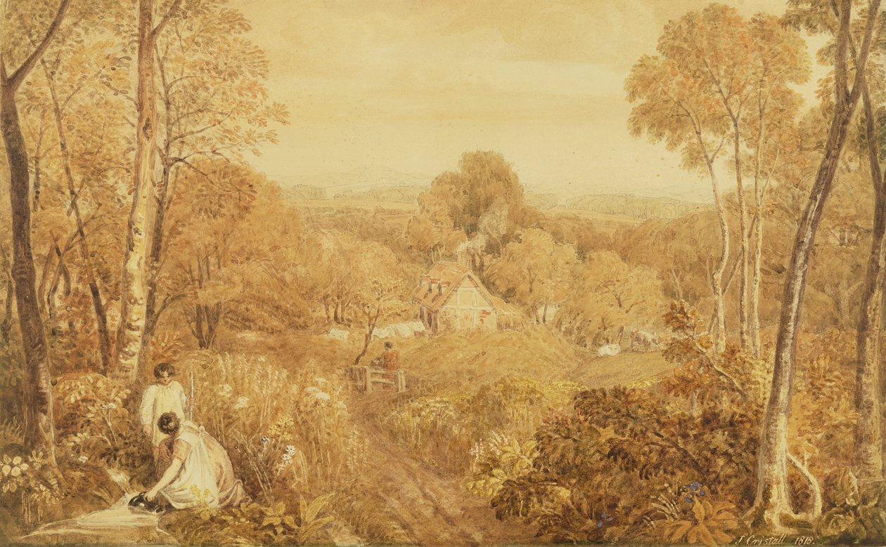 Skovklædt landskab med hytter og landsmænd, Hurley, Berks, 1818 (wc over grafit på papir) af Joshua Cristall