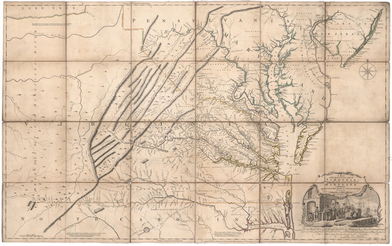 Et kort over den beboede del af Virginia af Fry og Jefferson af Joshua & Jefferson Peter Fry