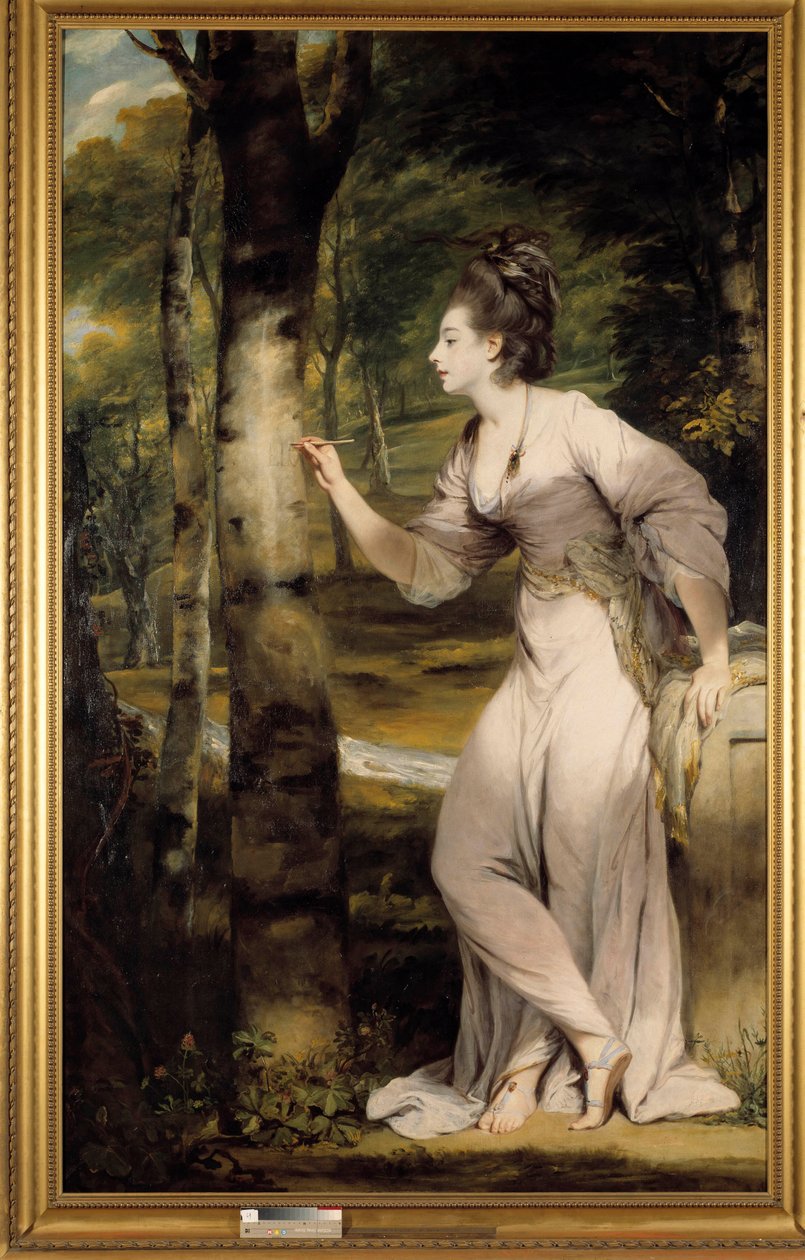 En kvinde med stor elegance giver et navn på en træstamme i en romantisk atmosfære. Maleri af Joshua Reynolds (1723-1792). 1700-tallet. Collection privee - Portræt i fuld længde af fru Lloyd: En elegant kvinde skærer et navn ud på en træstamme i en romanti af Joshua Reynolds