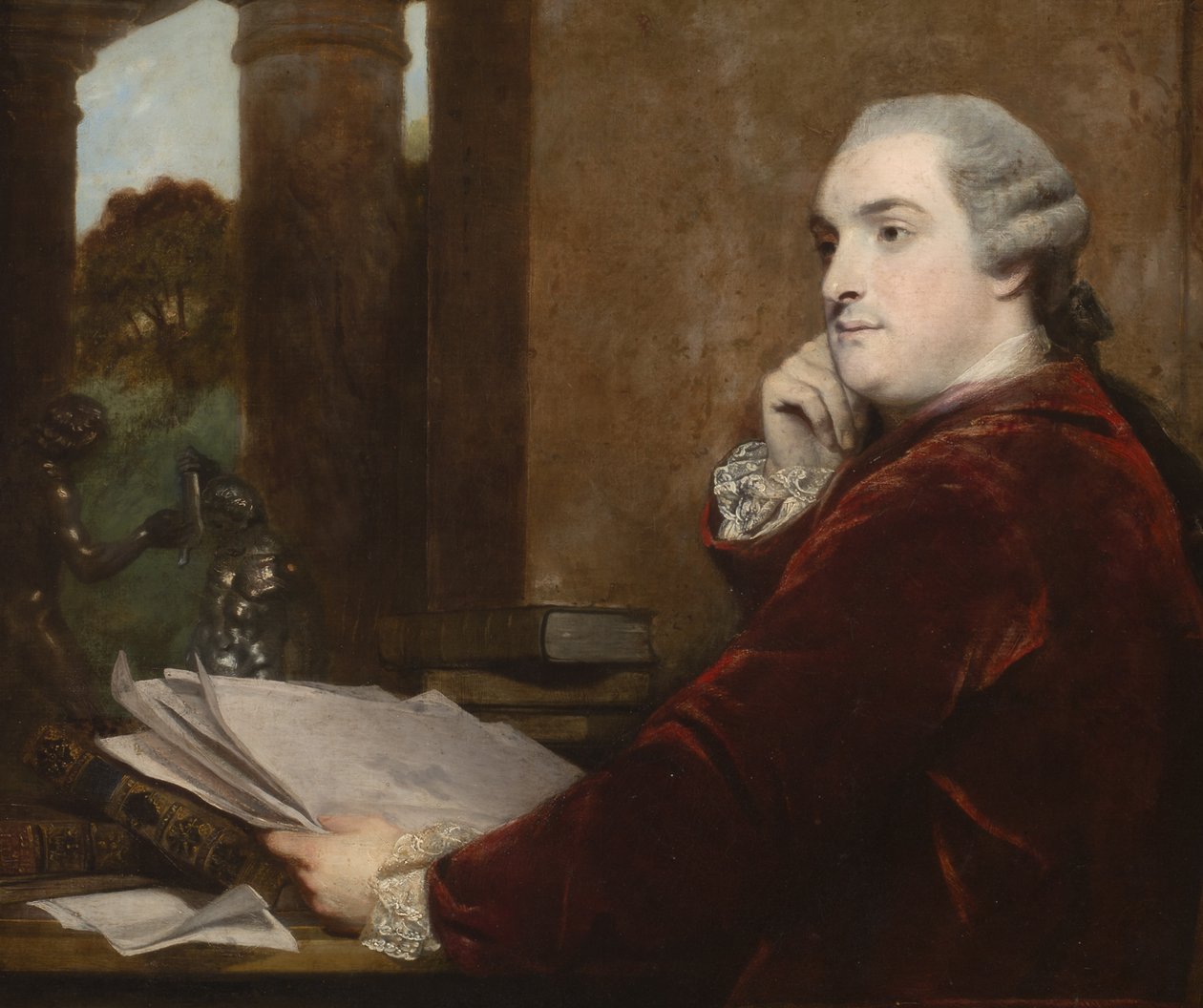Detalje fra portræt af William Henry Cavendish Bentinck, 3. hertug af Portland ved hans skrivebord, 1771 af Joshua Reynolds