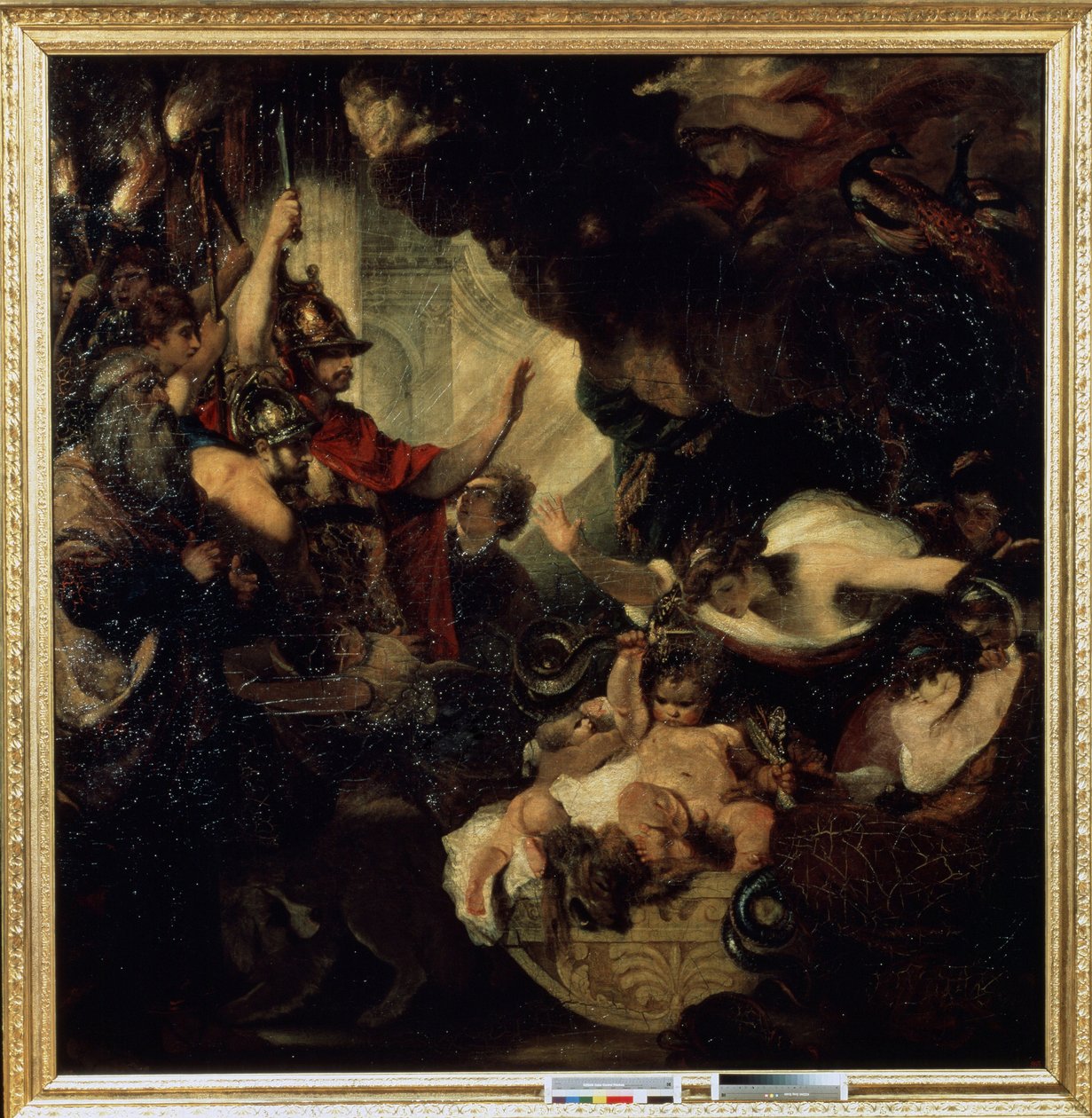 Spædbarnet Hercules kvæler slangerne Blandt de repræsenterede figurer: seeren Tiresias (til venstre) og gudinden Juno (Hera) med påfugle (øverst til højre). Maleri af Sir Joshua Reynolds (1732-1792) af Joshua Reynolds