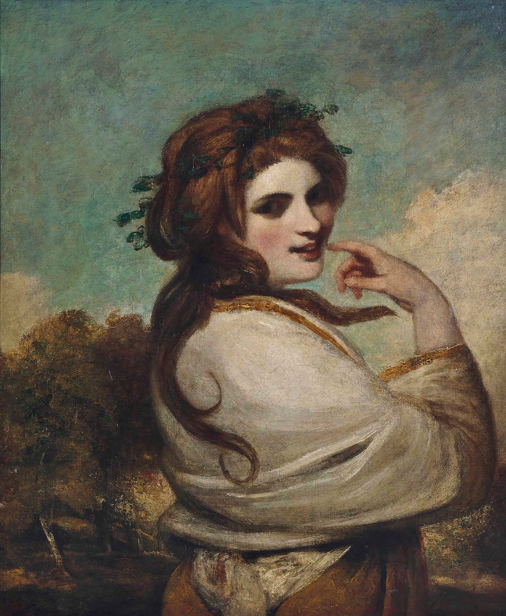 Portræt af Emma, Lady Hamilton, som en Bacchante, halvlang, i gul kjole og hvidt sjal, i et landskab af Joshua Reynolds