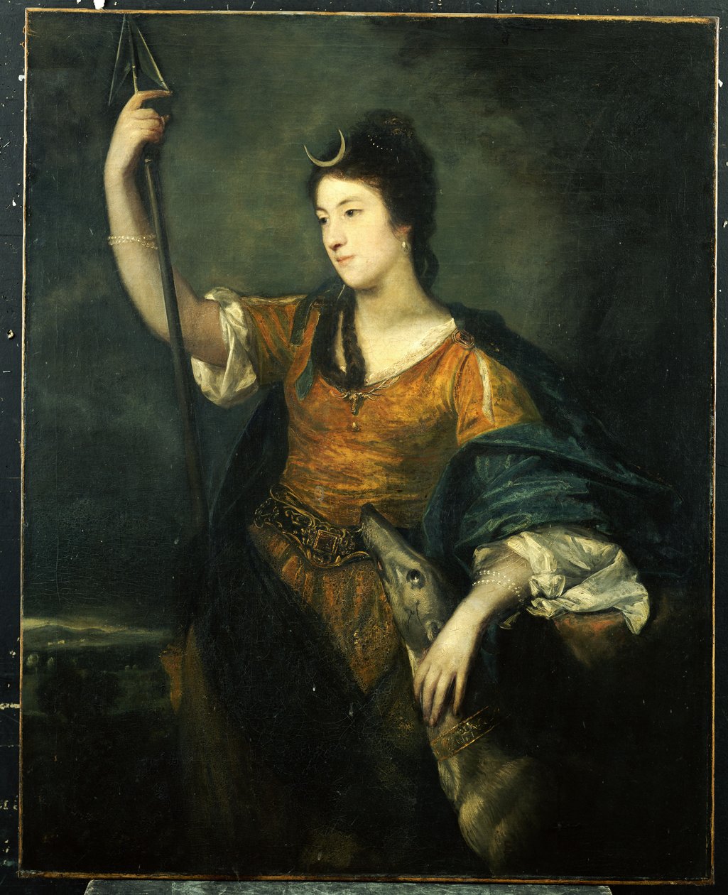 Portræt af Lady Anne Dawson, trekvart længde, som Diana, 1753-54 af Joshua Reynolds