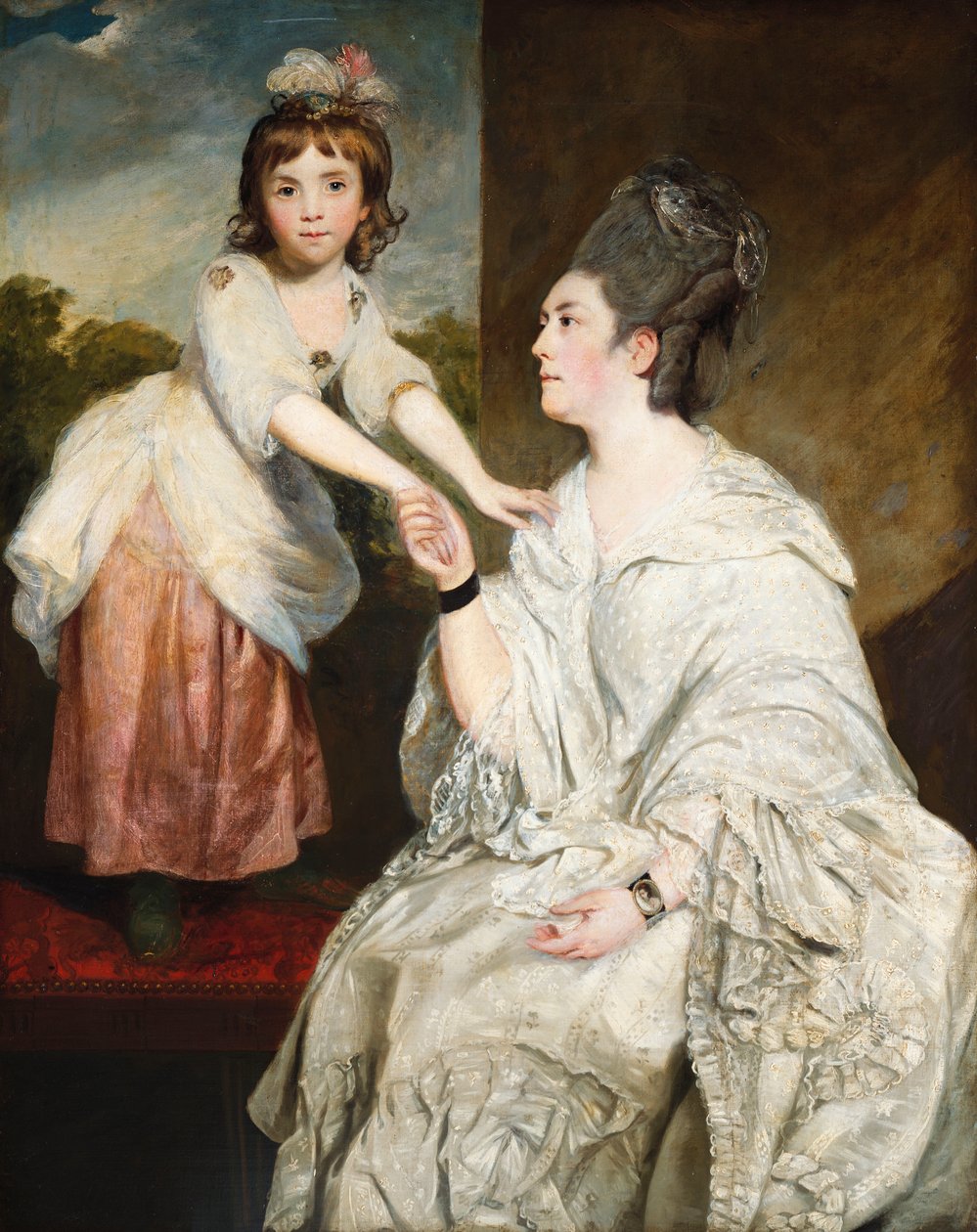 Portræt af fru Sarah Otway i hvidt kostume med sin datter Jane foran et vindue af Joshua Reynolds