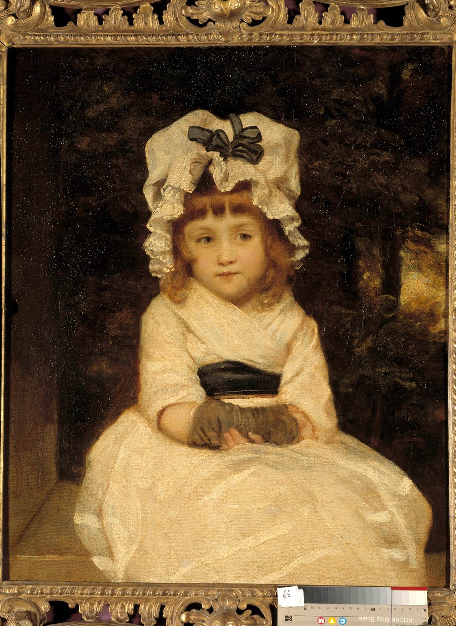 Portræt af Penelope Boothby En lille pige ser afslørende ud sidder meget klogt. Maleri af Joshua Reynolds (1723-1792), privat samling omkring 1788 af Joshua Reynolds