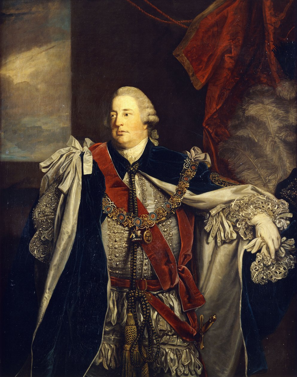 Portræt af William Augustus, hertug af Cumberland, stående i trekvart længde, i strømpebåndsklæder, af Joshua Reynolds