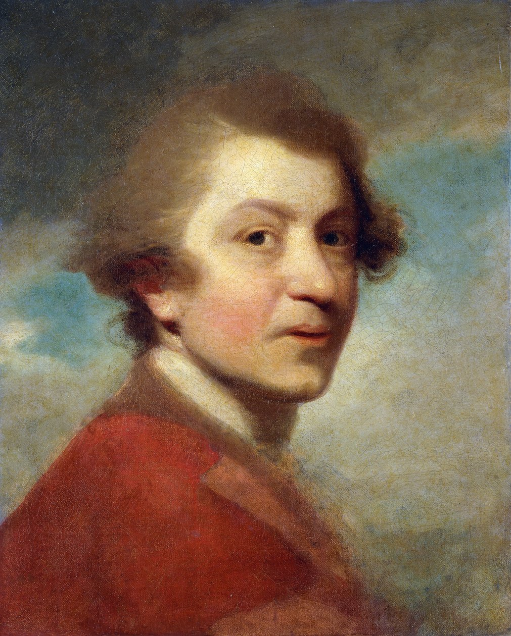 Portræt af kunstneren, hoved og skuldre, i en rød kjole af en doktor i lov og hvidt lager - ufærdig, af Joshua Reynolds