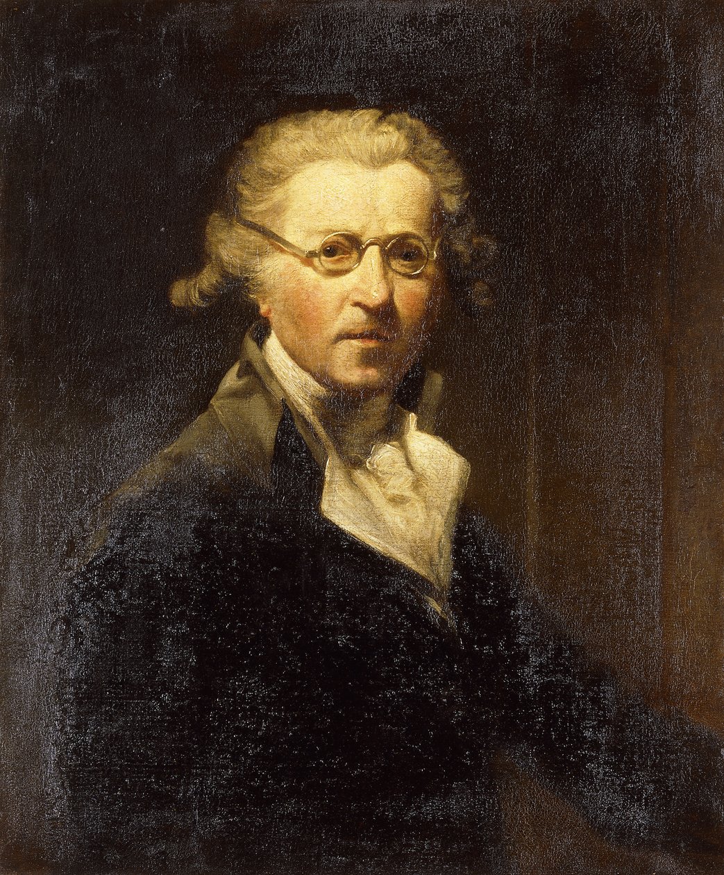 Portræt af kunstneren, halvlængde, i en olivengrøn frakke, iført briller, af Joshua Reynolds