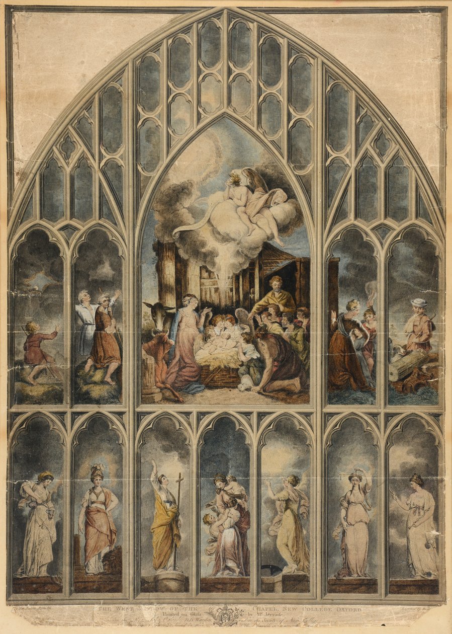 Reynolds-vinduet, der afbilder de syv dyder (håndfarvet gravering) af Joshua Reynolds