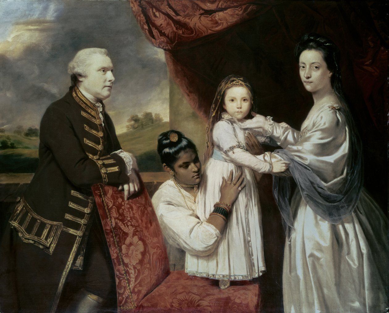 Tysoe Saul Hancock, hans kone Philadelphia, deres datter Elizabeth og deres indiske stuepige Clarinda, ca. 1763–5 af Joshua Reynolds
