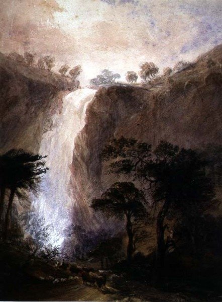 Udsigt over et vandfald, ca. 1820 (akvarel med gummi arabicum på papir) af Joshua Wallis