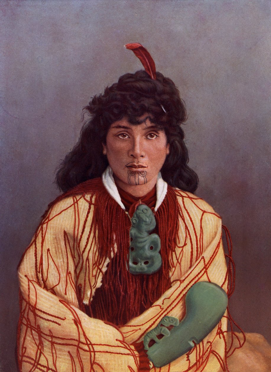 Portræt af en ung maori kvinde, Susan Rotorua, ca. 1890 (farve litho efter et albumin print) af Josiah Martin