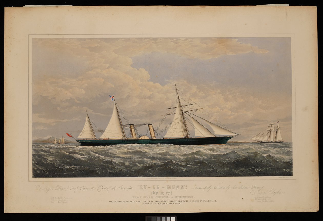Til Messrs Dent  Co of China, dette tryk af dampskibet Ly-Ee-Moon, Norman Hill, Esqr Commander.... konstrueret af Thames Iron Works and Shipbuilding Company, Blackwall...,, ca. 1860 (litografi, farvelagt) af Josiah Taylor