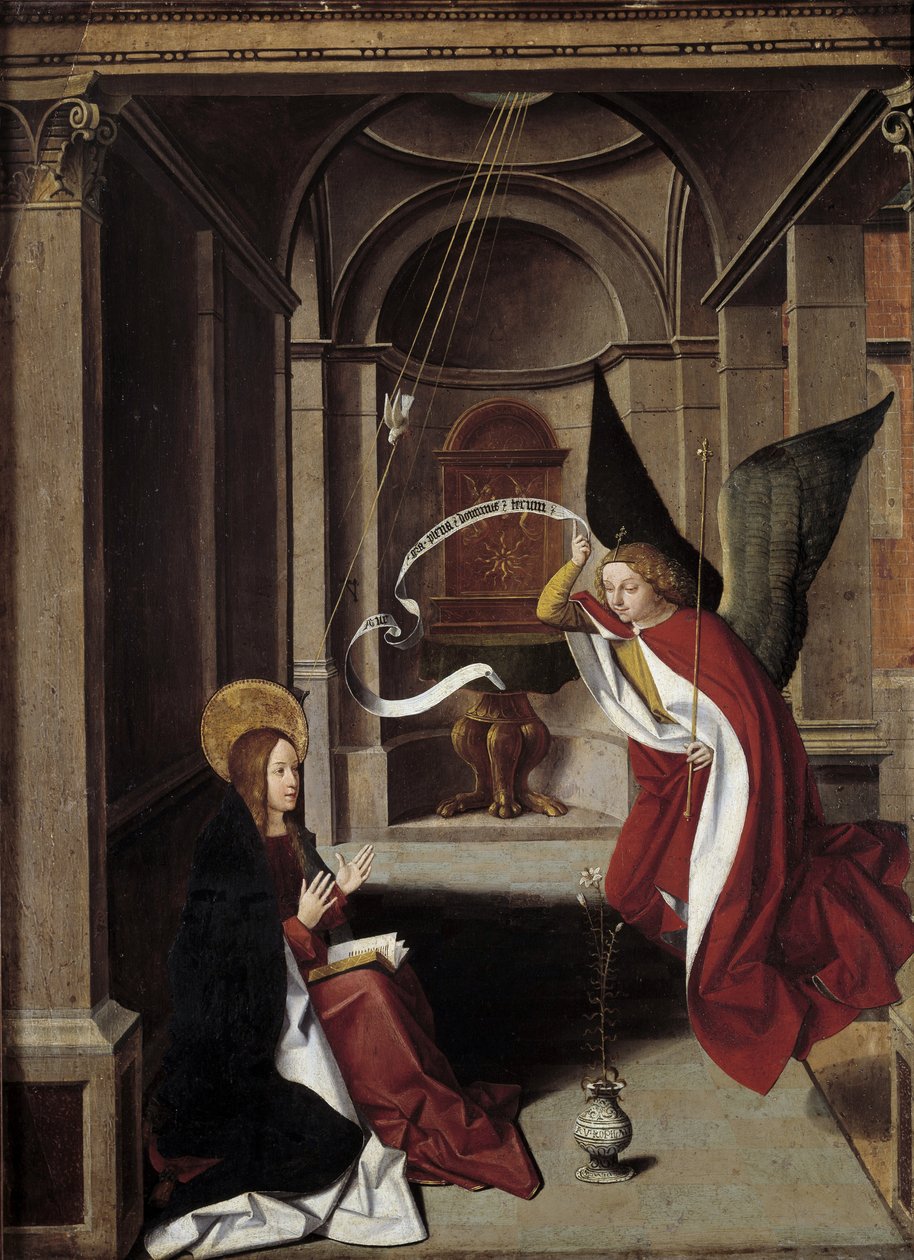 Jomfruens liv: "Bebudelsen" (maleri) af Josse (fl.1493 1508) Lieferinxe
