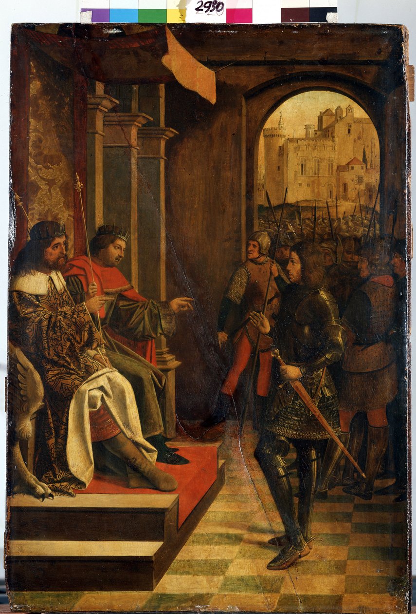 ""Sankt Sebastien før kejser Diocletian og Maximian"" (Sankt Sebastien før kejser Diokletian og Maximian). De romerske kejsere Diocletian (Gaius Aurelius Valerius Diocletianus, 245-316) og Maximian Hercules (Marcus Aurelius Valerius Maxim af Josse (fl.1493 1508) Lieferinxe