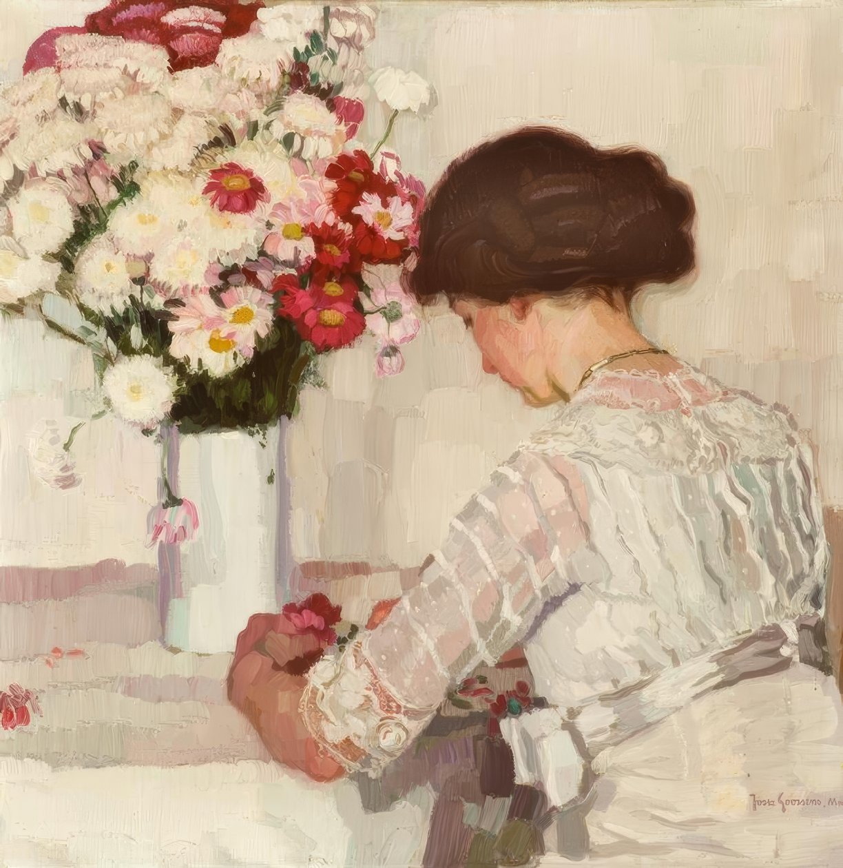 J.Goossens, i tanker (dame i hvidt med blomster) af Josse Goossens