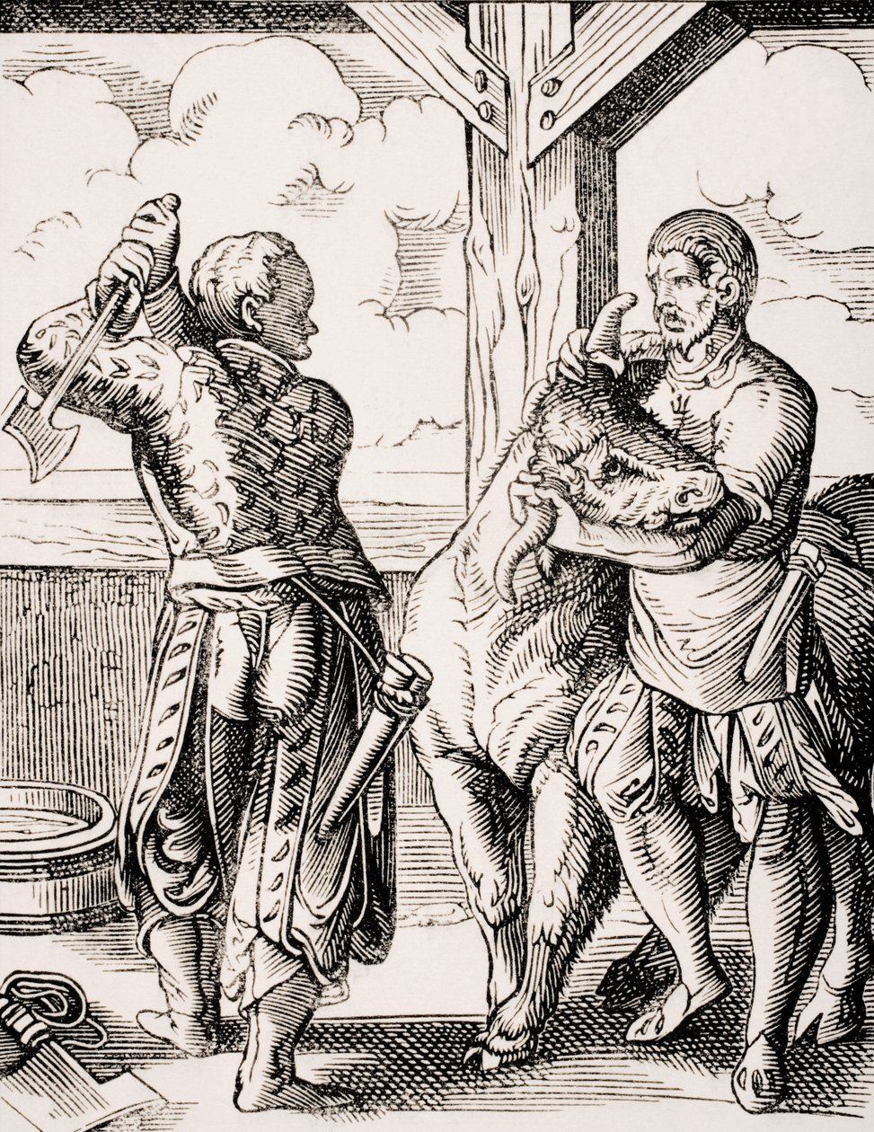 The Butcher and his Assistant, jäljennös Jost Ammanin (1539-91) 1500-luvun kaiverruksesta Paul Lacroixin (1806-84) teoksesta "Le Moyen Age et La Renaissance", julkaistu 1847 (litho) af Jost (after) Amman