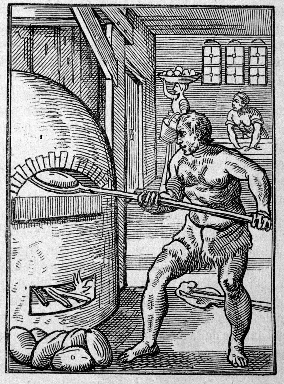 En bager, der bager brød i en ovn. Gravering af Jost Amman (1539-1591) fra det 16. århundrede. af Jost Amman