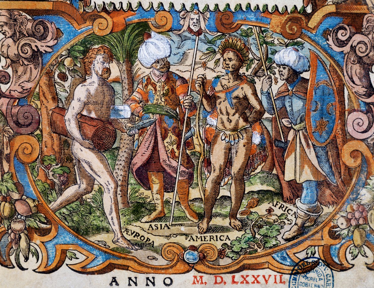 Fire kontinenter, detalje fra titelbladet, gravering af Jost Amman (1539-1591) af Jost Amman