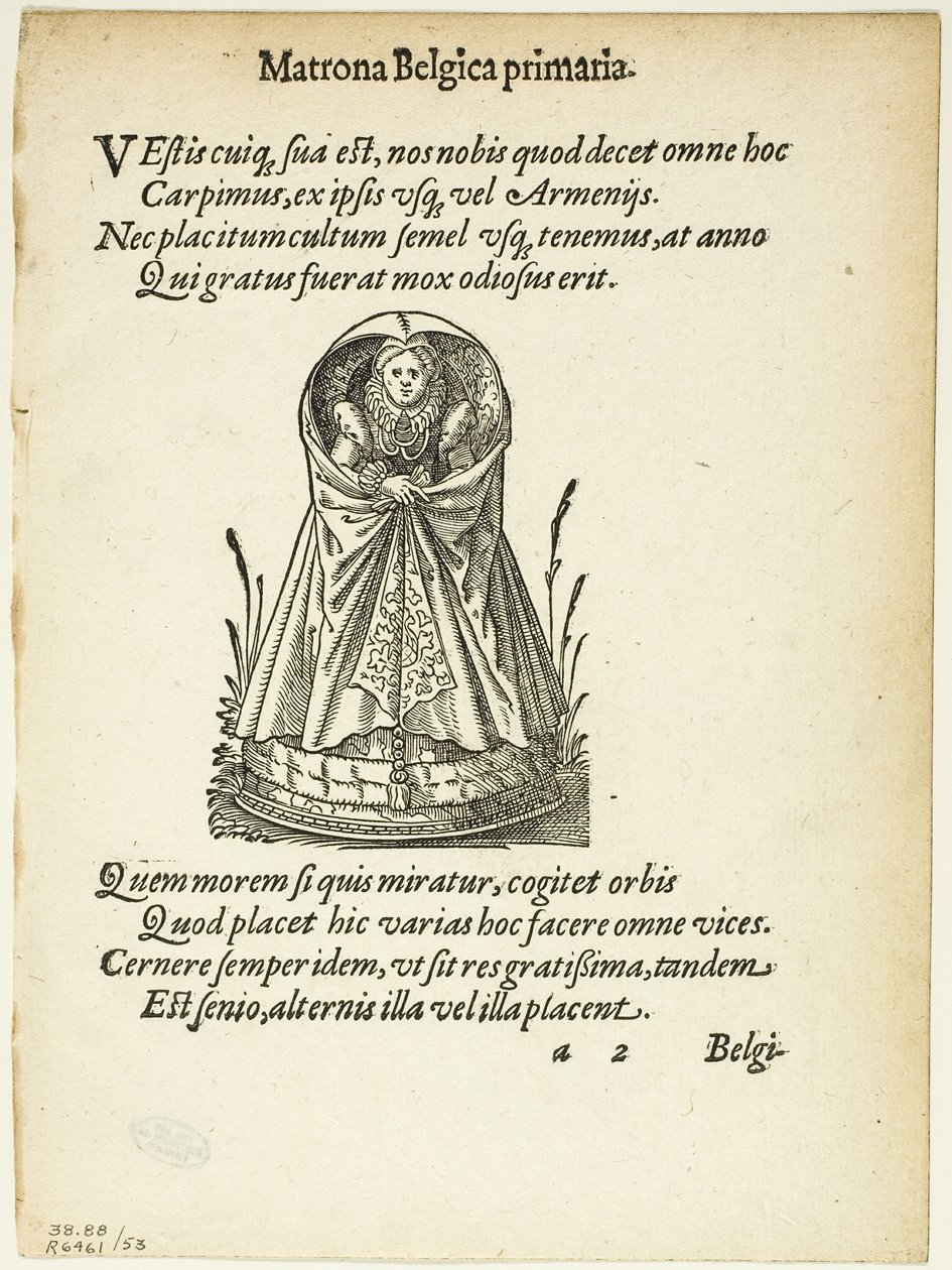 Matrona Belgica primaria (belgisk forstanderinde af første rang) fra Gynaeceum, sive Theatrum Mulierum, plade 53 fra Træsnit fra bøger fra det XVI århundrede af Jost Amman