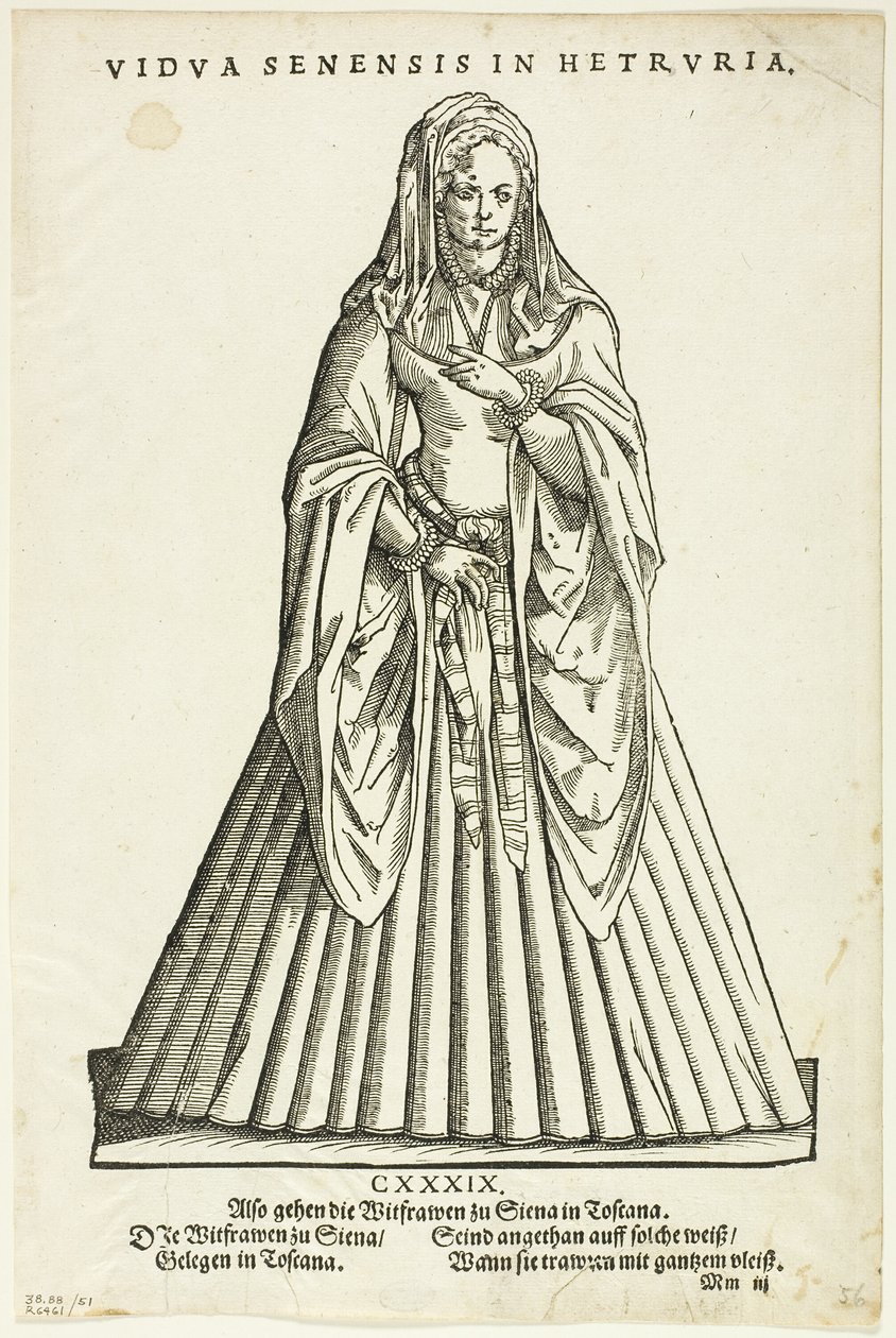 Vidua Senensis in Hetruria (Enken fra Siena i Toscana) fra H. Weigels Trachtenbuch, plade 51 fra Woodcuts from Books of the XVI Century (Træsnit fra bøger fra det 16. århundrede) af Jost Amman