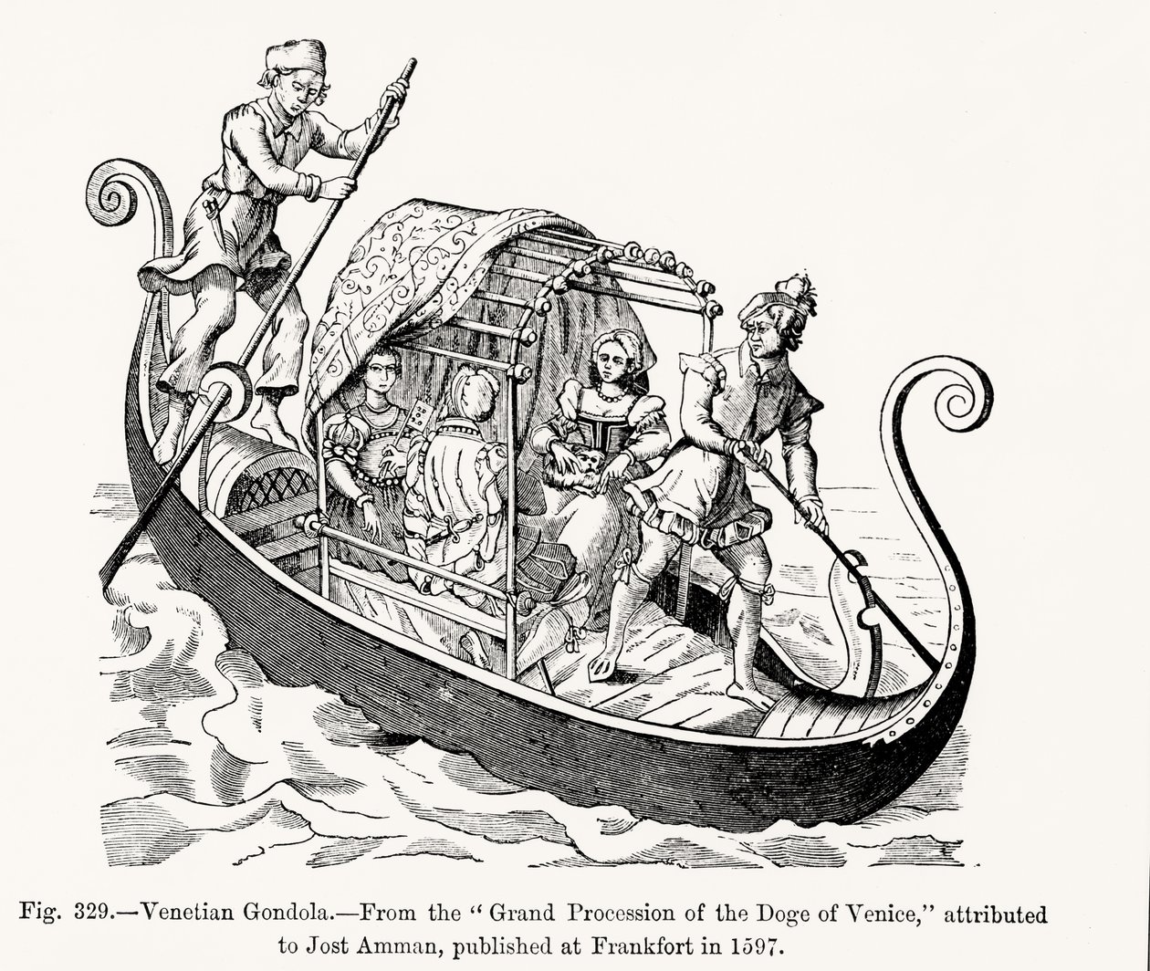Venetiansk gondol, fra Grand Procession of the Doge of Venedig, illustration fra videnskab og litteratur i middelalderen og renæssancen, skrevet og indgraveret af Paul Lacroix, 1878 ( af Jost (after) Amman